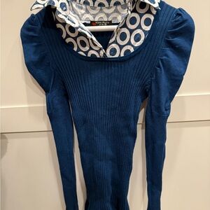 Blue Sweater with Patterned Collar